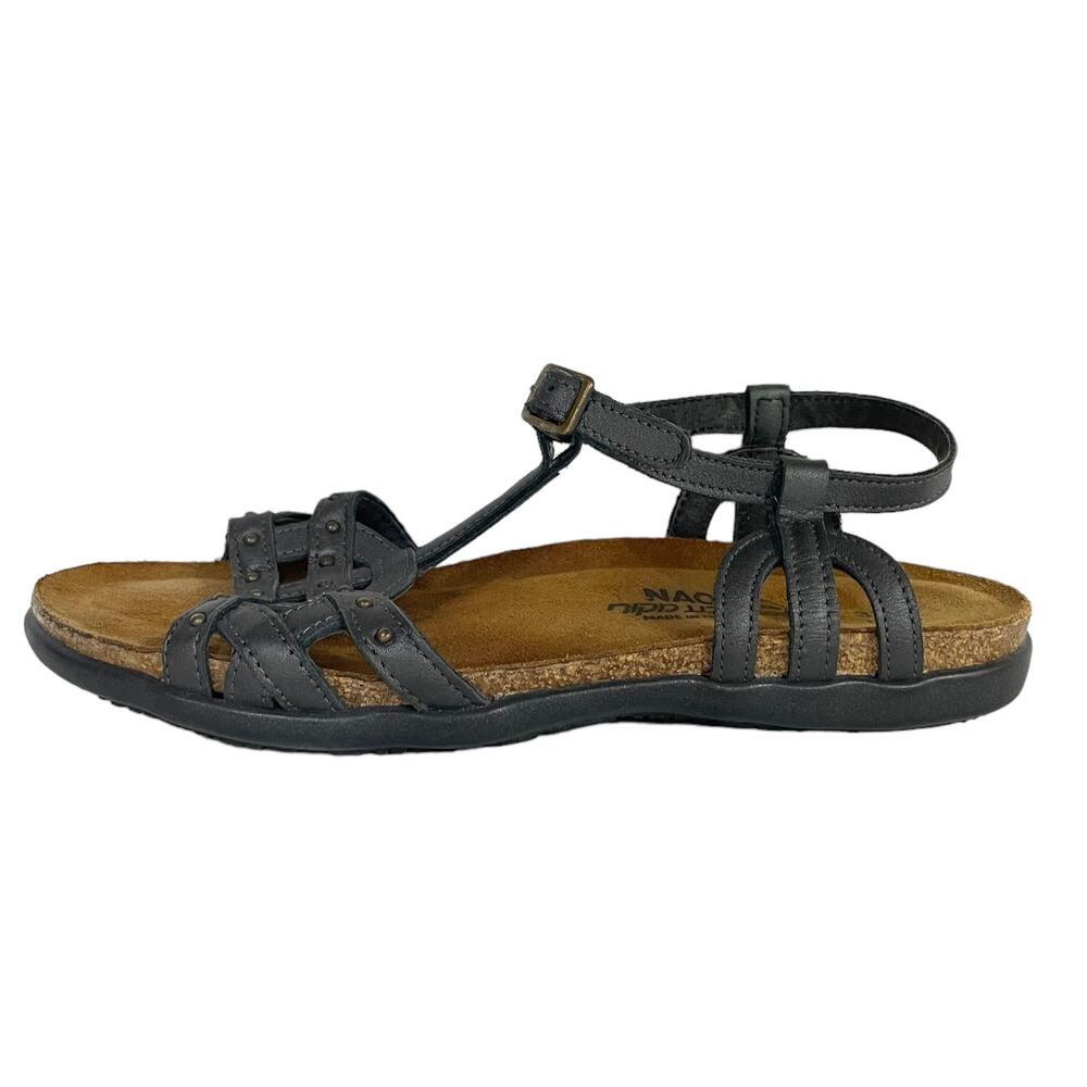 NAOT Elinor Size 6 Gunmetal Gray Studded T-Strap Leather Cork Comfort Sandals